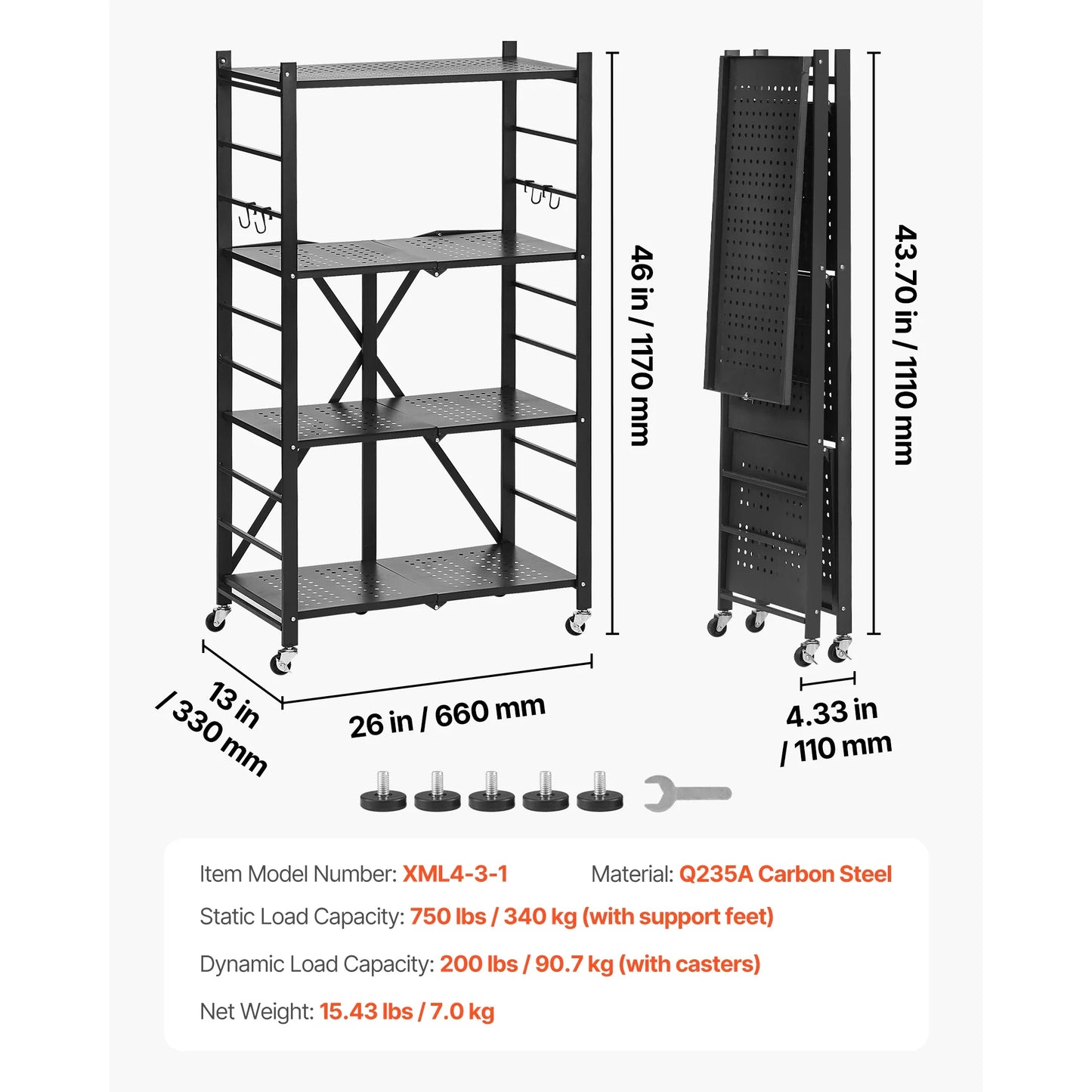 SucceBuy 3-6 Tier Black Foldable Storage Shelf — Wheeled Metal Rack Organizer for Kitchen & Garage