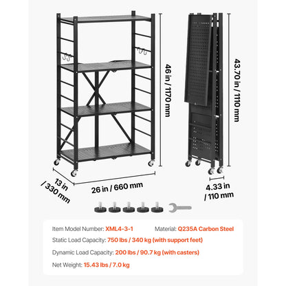 SucceBuy 3-6 Tier Black Foldable Storage Shelf — Wheeled Metal Rack Organizer for Kitchen & Garage
