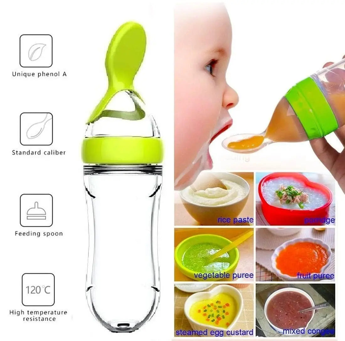 Silicone Baby Feeding Bottle Spoon - Squeeze Cereal Feeder Cup with Pacifier Training Spoon for Newborn Infants