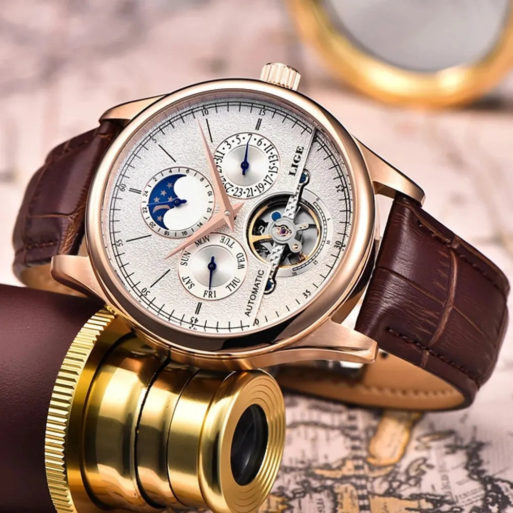 LIGE Men's Automatic Mechanical Tourbillon Watch - Waterproof Genuine Leather Military Wristwatch