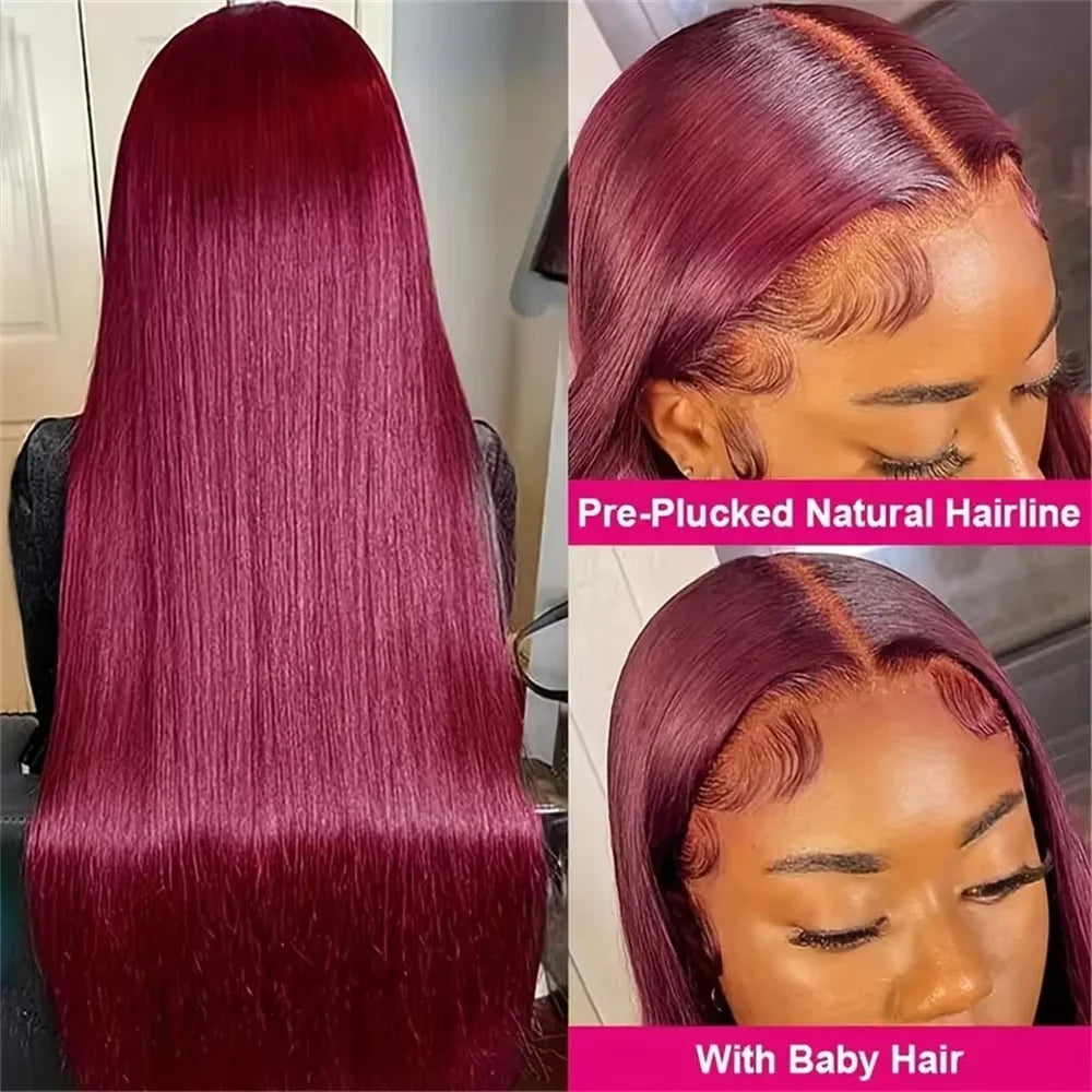 Burgundy 13x6 Lace Front Human Hair Wig - 99J Straight HD Lace Frontal High Density 200% Natural Look Wig for Women