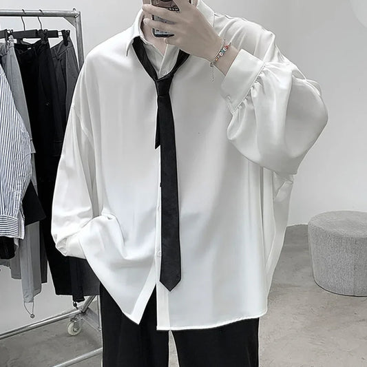 Men’s  Oversized Shirt - Loose Fit Long Sleeve Casual Black Tie Breathable Harajuku Top