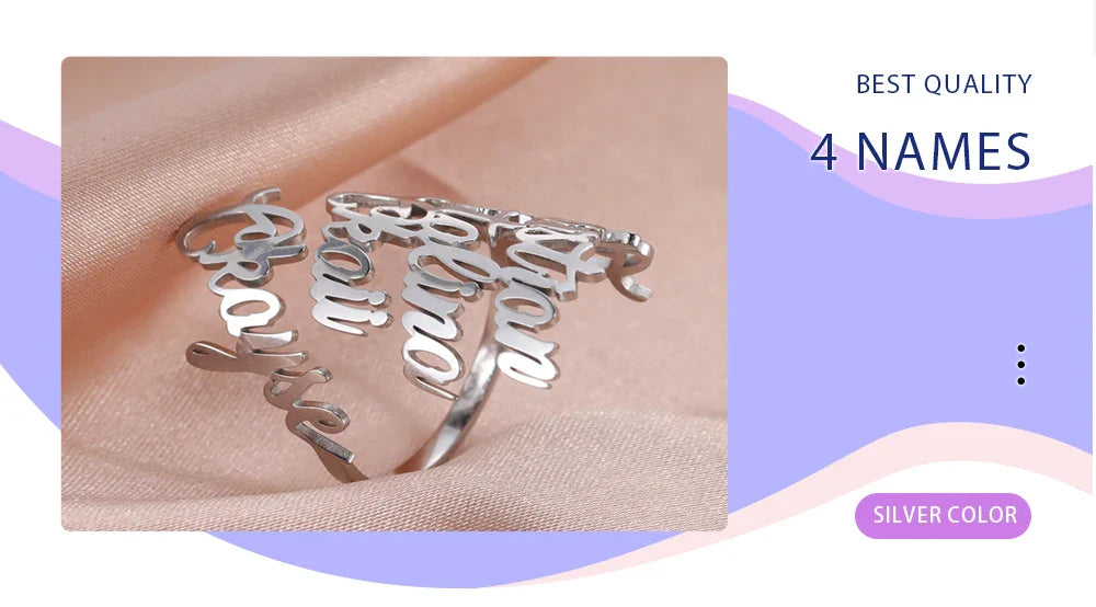 Custom Fishhook Double Name Finger Ring - Personalized Family & Couple Love Gift for Women & Men, Gold Stainless Steel Jewelry