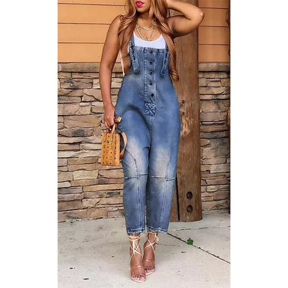 Women's Denim One Piece Jumpsuit - Sleeveless Straight Leg Overalls Romper for Casual & Office Wear
