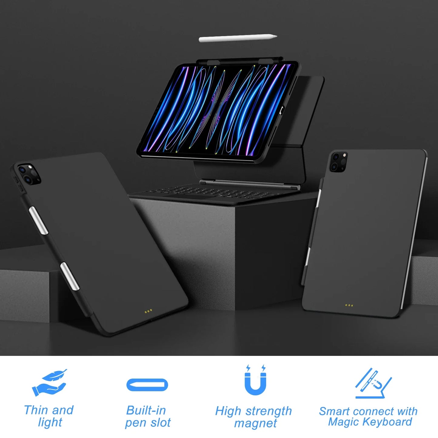 Magnetic Case for iPad Pro 11/13 & iPad Air 6/4/5 (2024) – Compatible with M4 Magic Keyboard & Pencil Holder