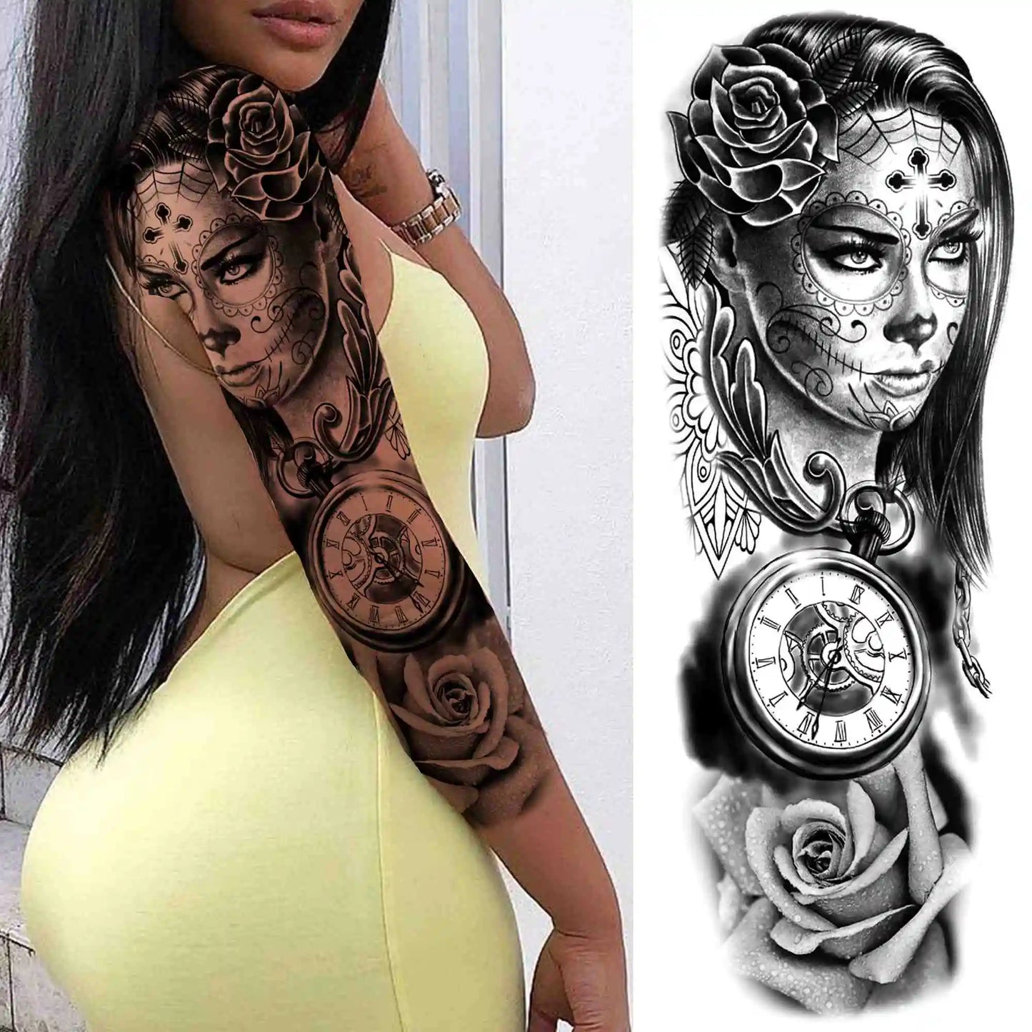 Full Arm Temporary Tattoo Sleeve - Realistic Warrior Lion Tiger Flower & Maori Design Fake Tattoos