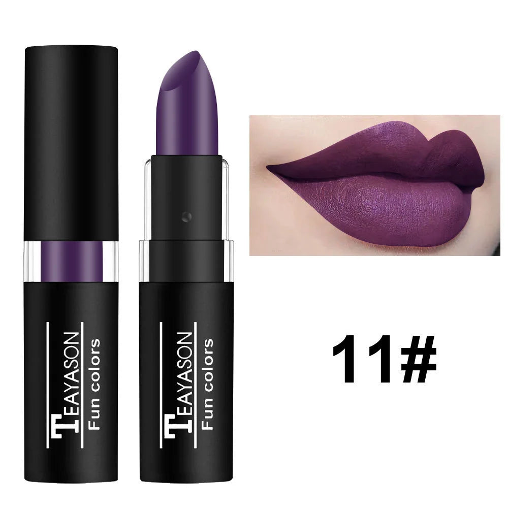 12 Color Waterproof Lipstick – Long-Lasting Matte Lip Gloss in Black, Blue, Purple, Green & Red
