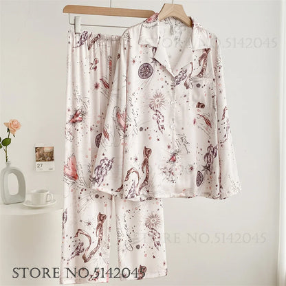 Fashion Floral Print Satin Pajamas Set for Women – Spring Summer Loose Sleepwear Loungewear Homewear Suit