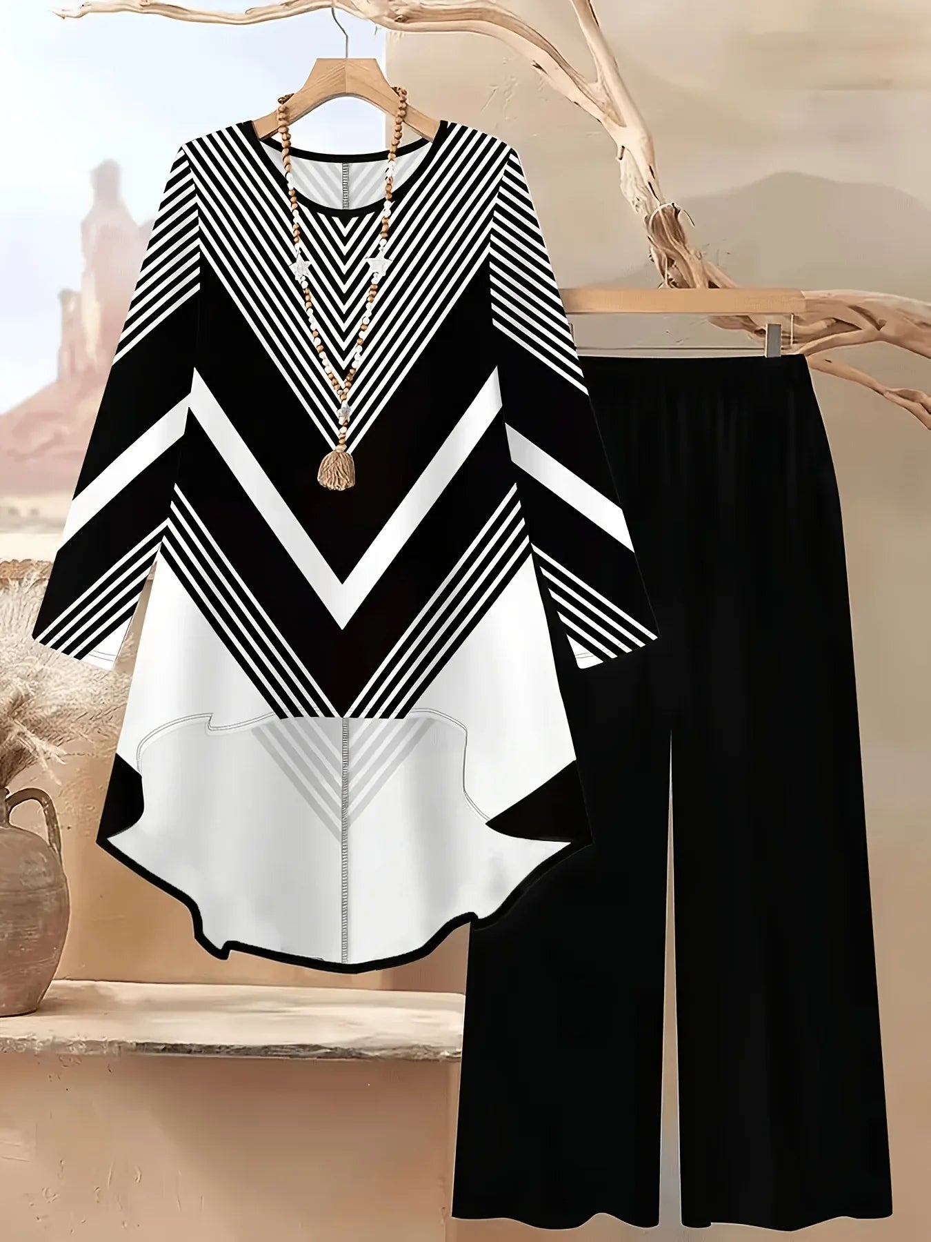 Plus Size 2 Piece Outfit Set - Floral Long Sleeve Blouse and Wide Leg Pants Casual Women's Suit
