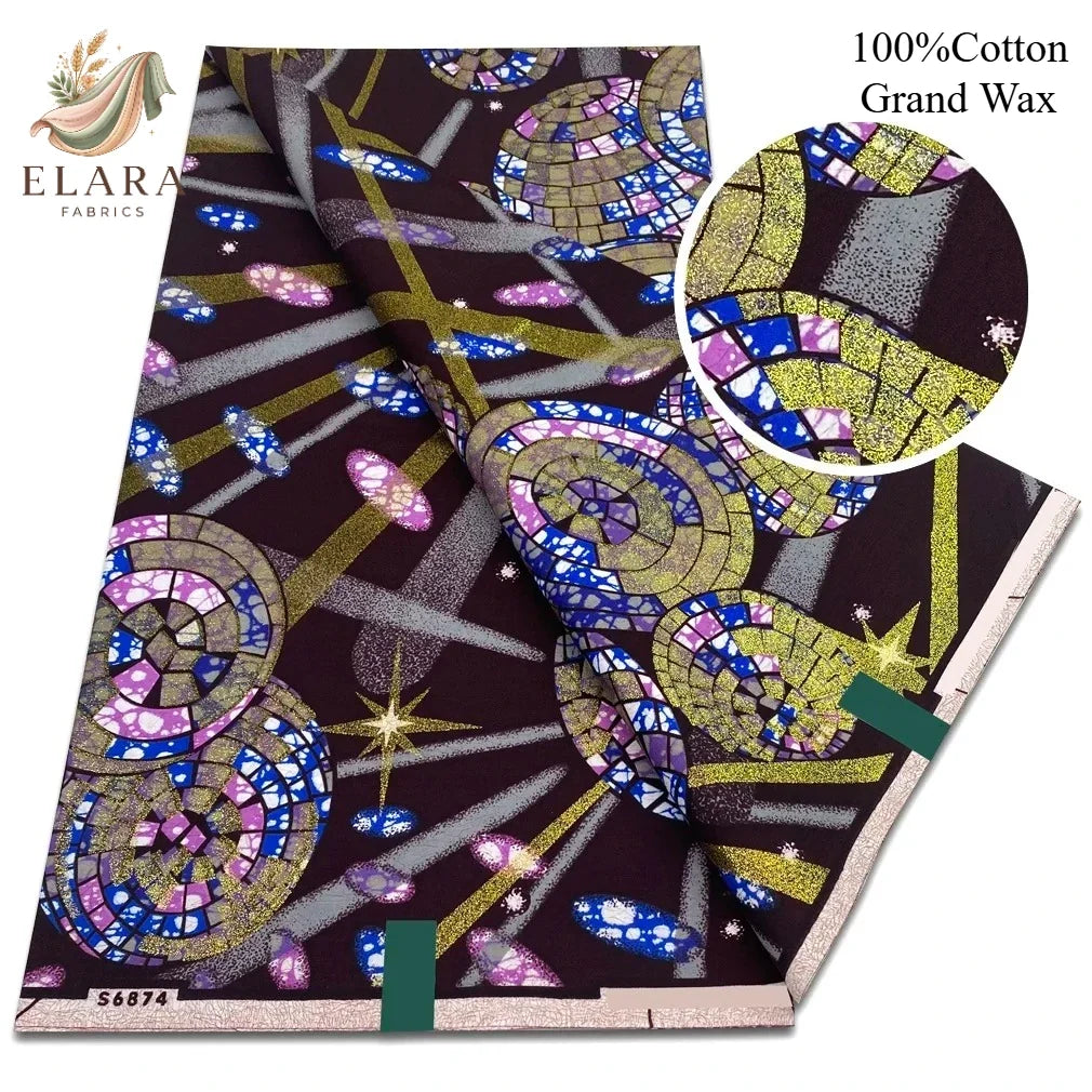 Grand Super African Wax Fabric - 100% Cotton Nigerian Glitter Glam Gold Ankara Print for Sewing