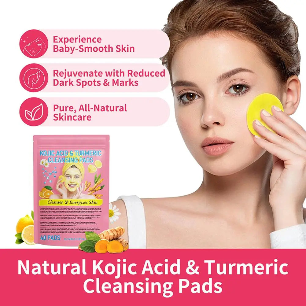 Turmeric Kojic Acid Exfoliating Cleansing Pads - 40pcs Gentle Daily Facial Care Skin Brightening Pads
