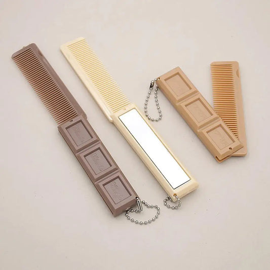 2-in-1 Chocolate Folding Comb with Mirror - Portable Massage Hair Brush for Travel Salon Styling & Smooth Hair Care