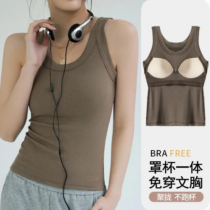 2024 New Women's Ribbed Tank Top - Solid Round Neck Camisole with Chest Pad | Summer Basic Elastic Y2K One-Piece Vest