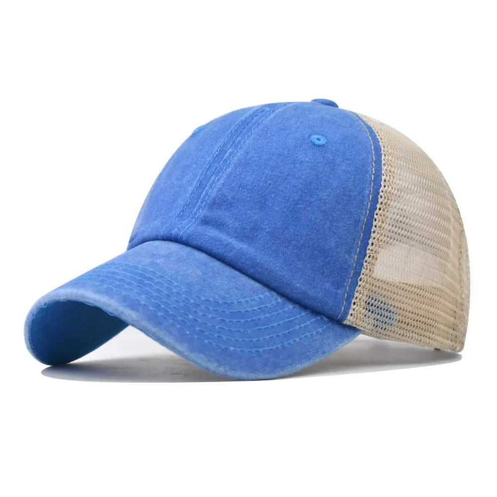 Vintage Washed Cotton Cap - Denim Mesh Baseball Hat with UV Protection for Women