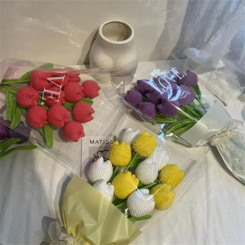 Hand-Knitted Rose, Tulip & Sunflower Bouquet – Crochet Simulation Floral Arrangement for Home Table Decor