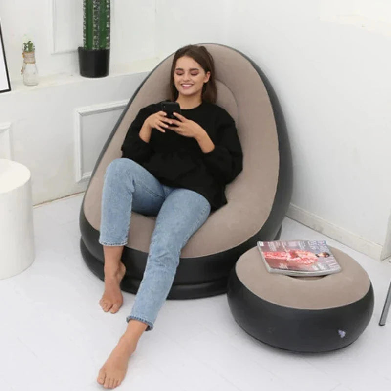 2PCS Inflatable Chaise Lounge Set - Portable Outdoor Recliner Sofa Chair with Footstool & Garden Ottoman