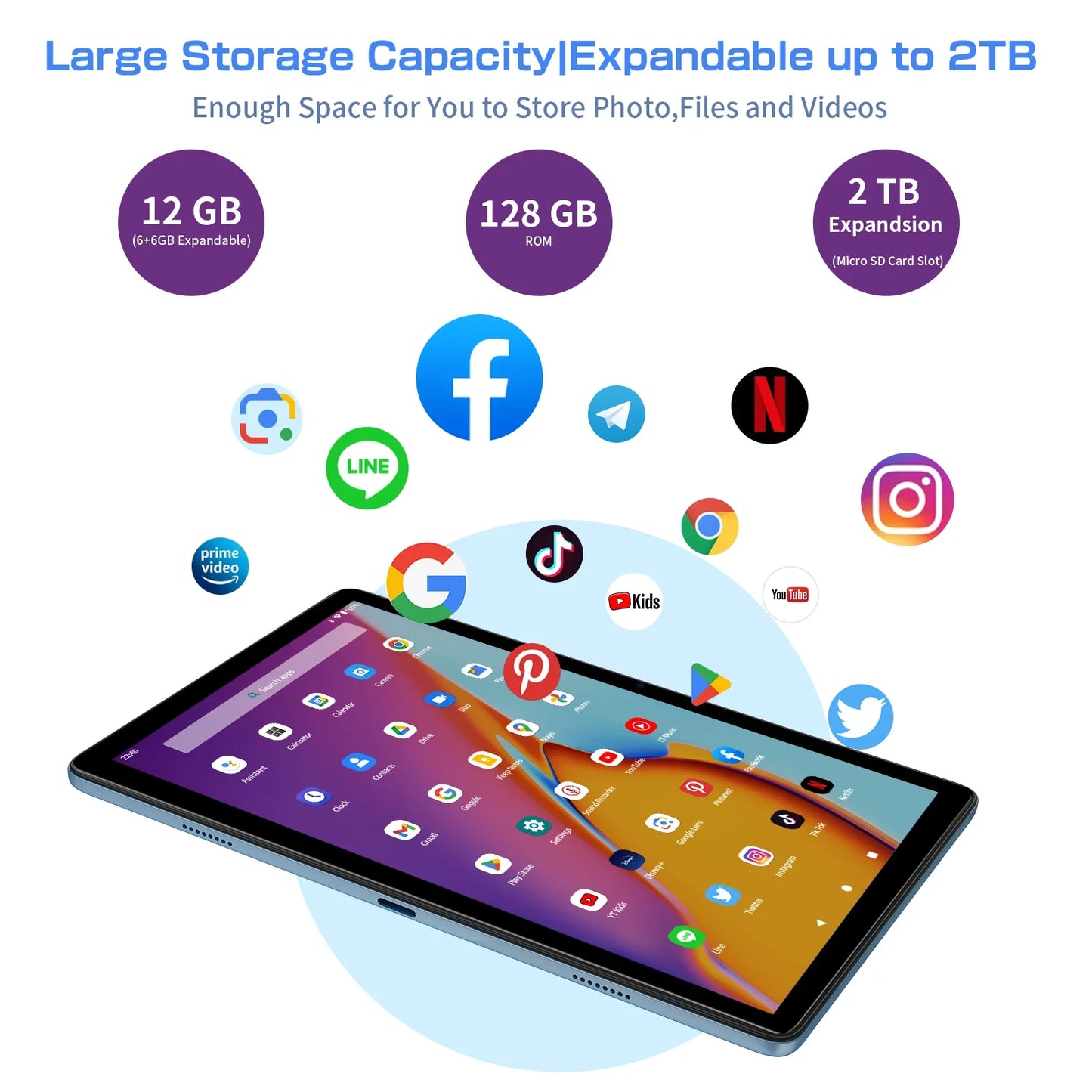 VASOUN Android 14 Tablet 10.1" — 12GB RAM, 128GB ROM, Octa-Core, Dual SIM 4G, WiFi 2.4G/5G, GPS