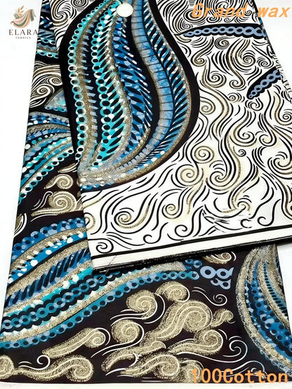 African Real Wax Print Fabric - Grand Original Ankara Blue Cotton Wax Material 6 Yards for Stylish Dresses & Uniforms