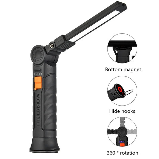 Portable COB LED Work Light - USB Rechargeable Magnetic Flashlight Camping Lantern with Hanging Hook