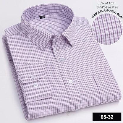 Men’s Slim Fit Long Sleeve Shirt - Formal Plaid Cotton Office Shirt with Single Pocket