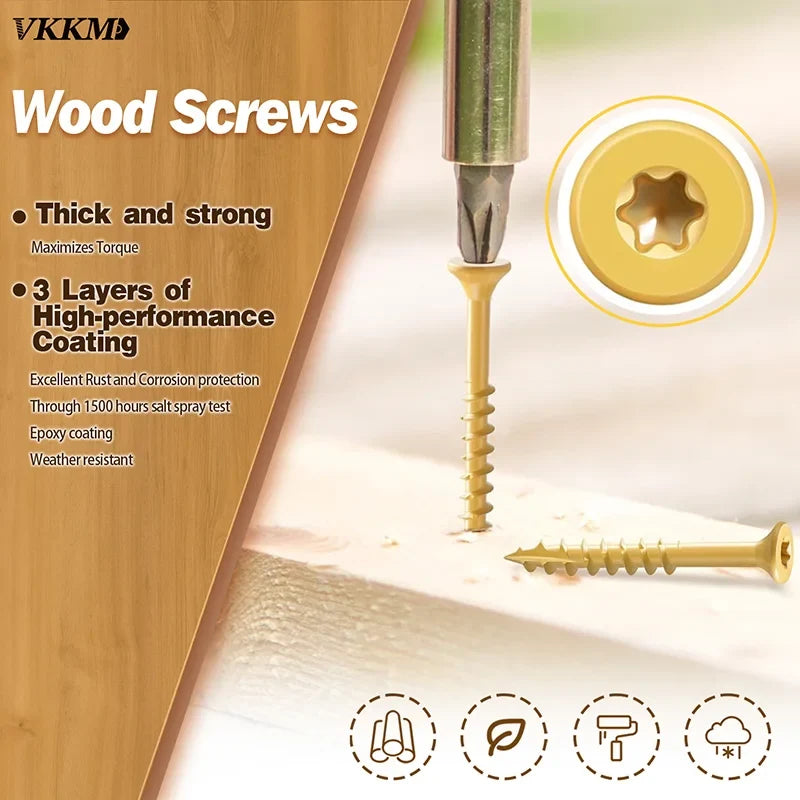 250-Piece T25 Yellow Wood Screws - #8 x 1.5-Inch Star Drive Self-Tapping Screws for DIY, Decks, Fences & Furniture