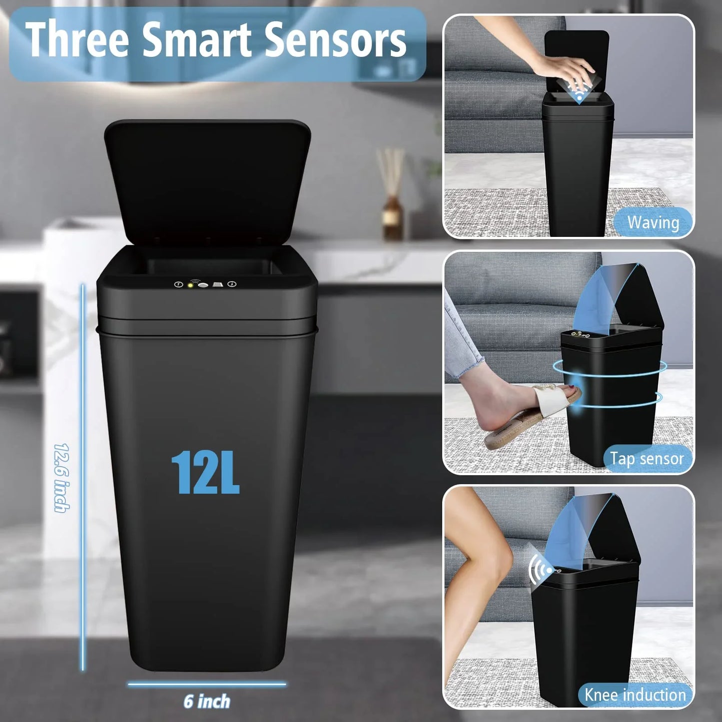 Touchless Automatic Bathroom Trash Can – Slim Motion Sensor Smart Garbage Bin with Lid for Bedroom, Office & Living Room