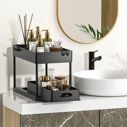 2-Tier Under Sink Sliding Organizer — Cabinet Basket Storage Rack with Hooks for Bathroom & Kitchen Cups