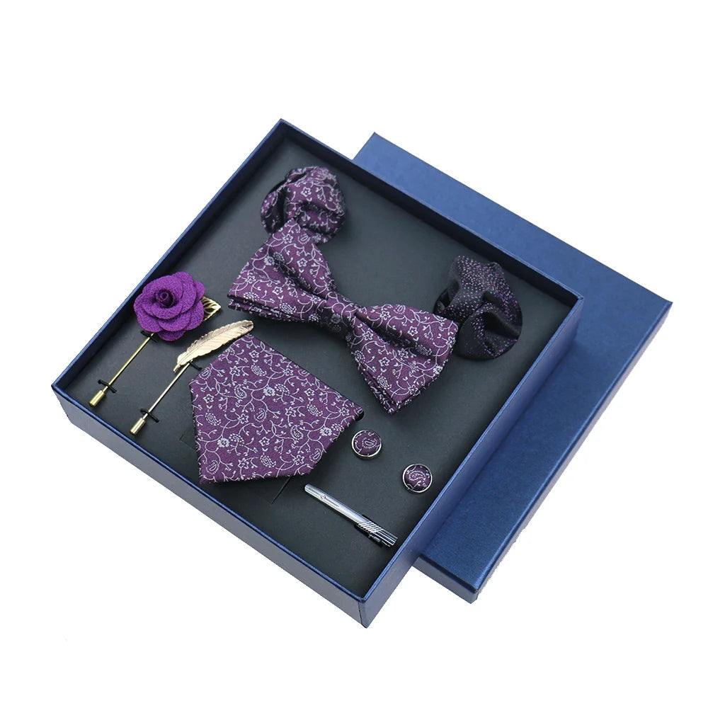Men’s Luxury Silk Tie Set - 8cm Wedding Necktie with Bowtie, Pocket Square, Cufflinks & Floral Gift Box Accessories