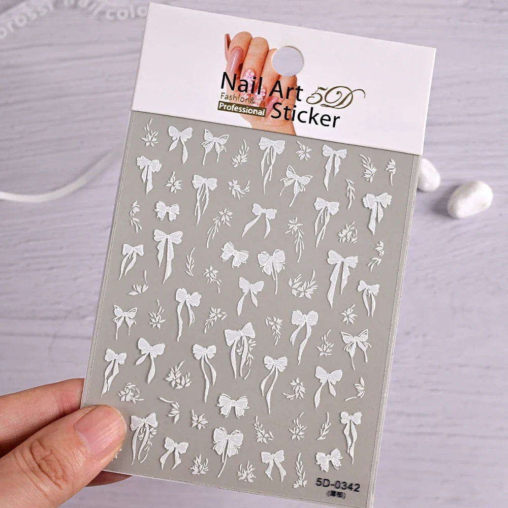 5D White Lace Bowknot Nail Art Stickers – Self-Adhesive Pearl Ribbon Luxury Nail Decals for DIY Manicure Decoration