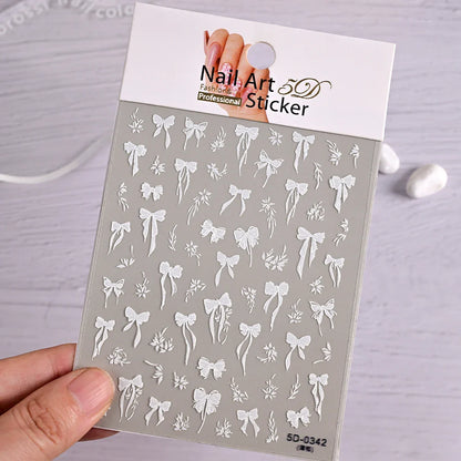 5D White Lace Bowknot Nail Art Stickers – Self-Adhesive Pearl Ribbon Luxury Nail Decals for DIY Manicure Decoration