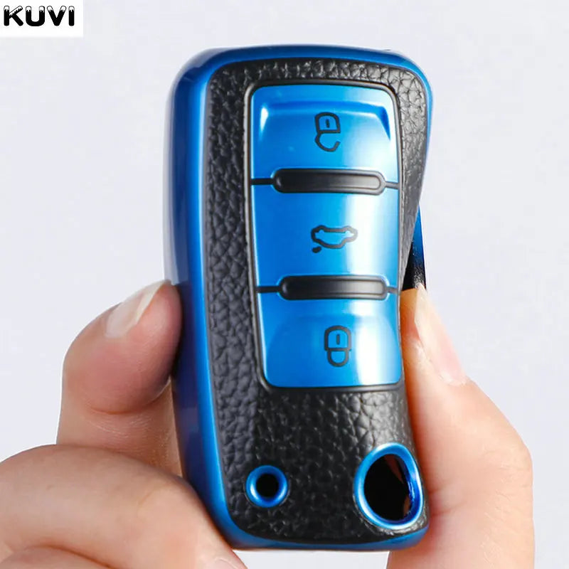 TPU Leather Car Key Case - Full Cover Protection Shell for VW Volkswagen Polo, Tiguan, Passat, Golf, Jetta, Lavida, Skoda Octavia