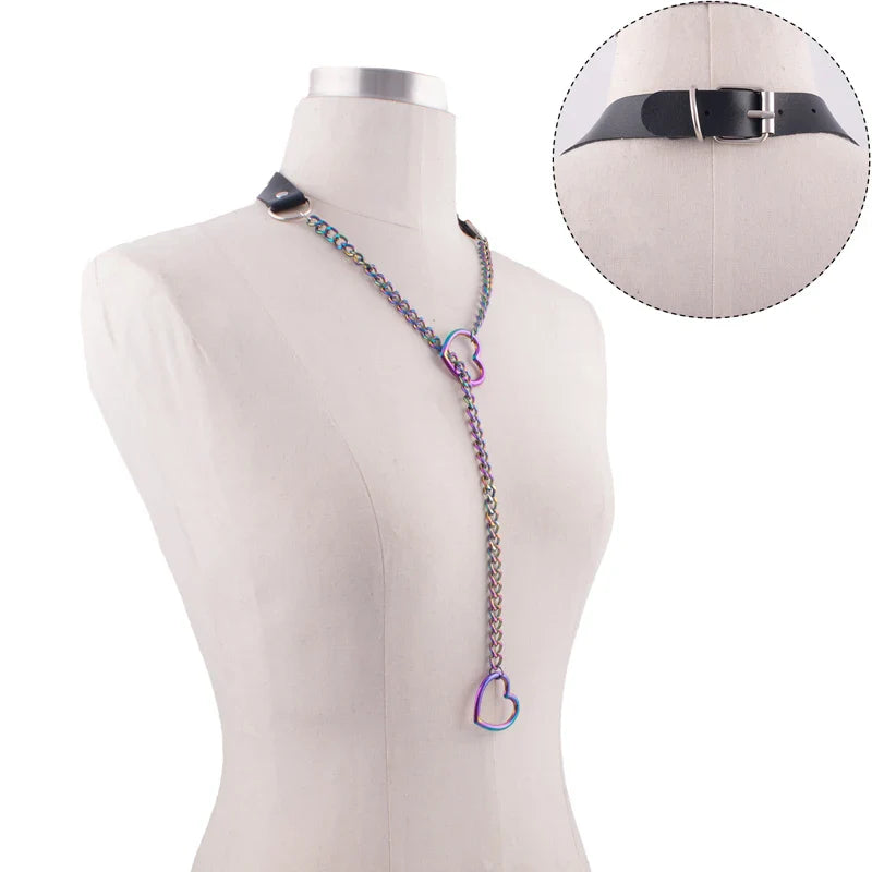 Heart Slip Chain Necklace – Black Leather Gothic Choker for Women, Punk & Goth Jewelry