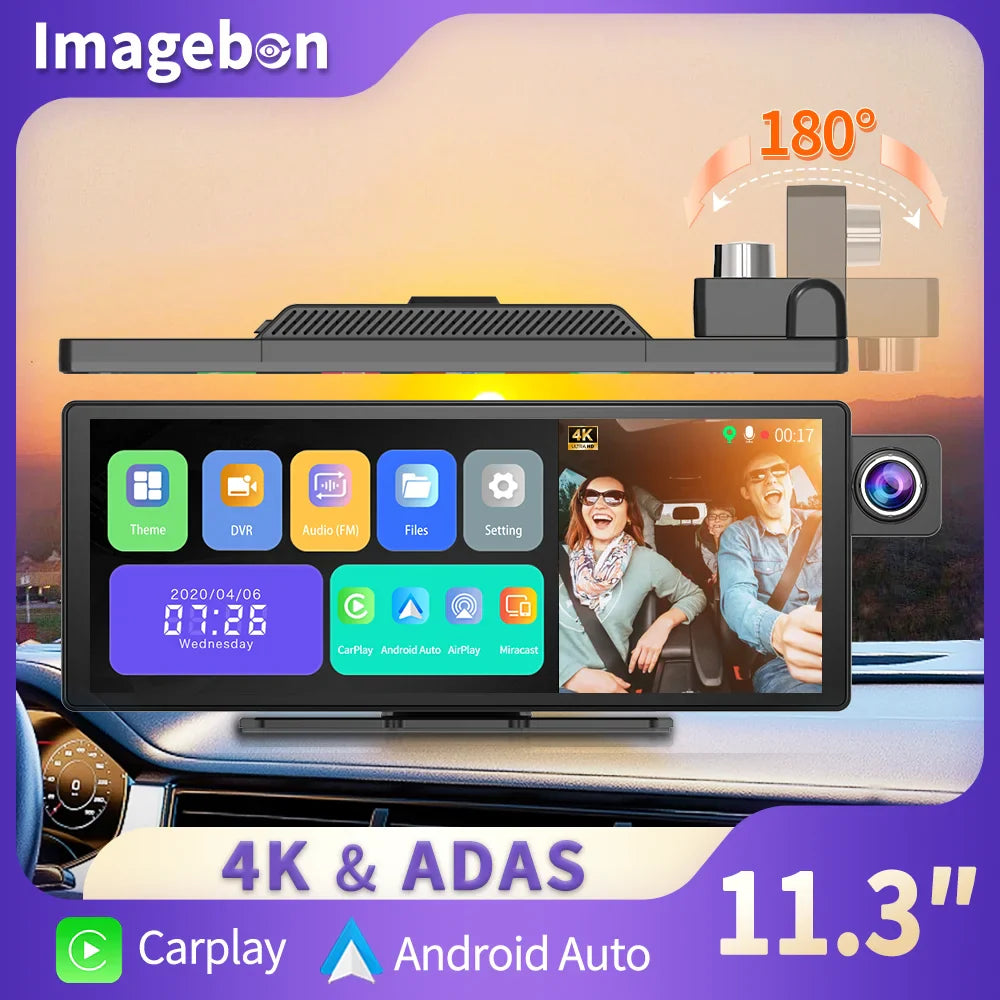 11.3" Imagebon H50 Dash Cam — 4K, 3-Channel, ADAS, Wireless CarPlay & Android Auto, Time-Lapse & 24H Parking Monitor Black Box