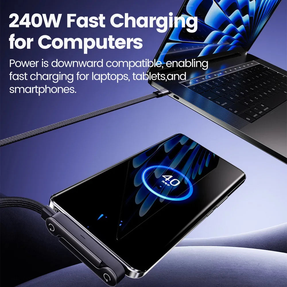240W USB-C Fast Charging Cable - 2-in-1 Foldable Desktop Stand Data Cable for iPhone 17/16 & Samsung