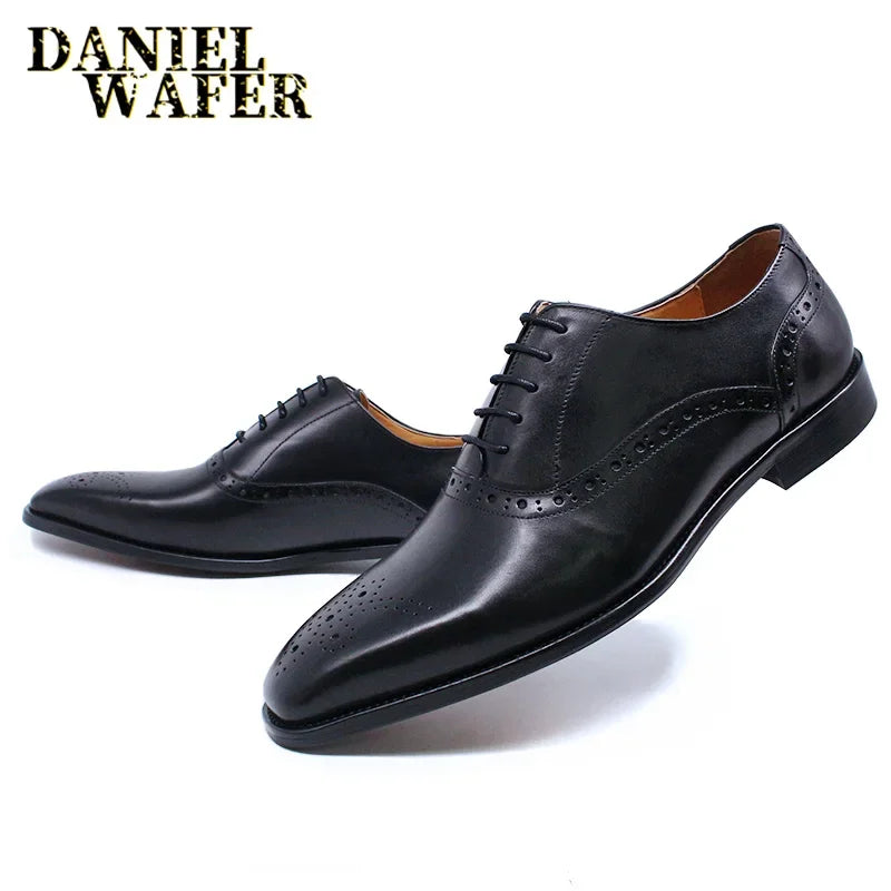 Men’s Genuine Leather Oxford Shoes - Brown and Black Snake Print Lace-Up Business Wedding Dress Shoes