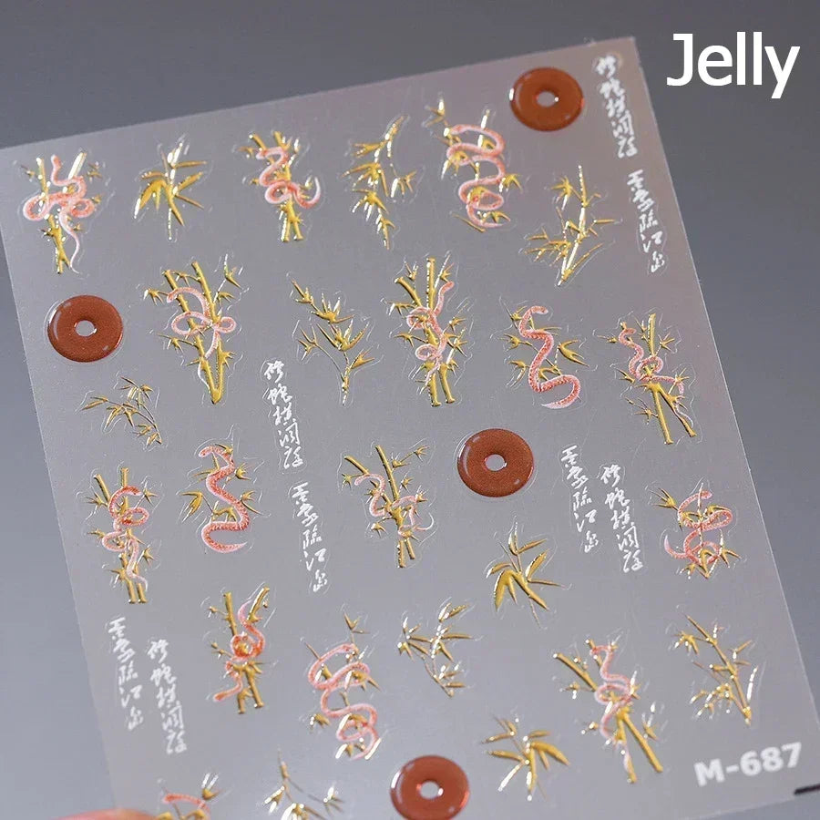 5D Gold Stamped Nail Art Stickers - Silver Sun Stars Snake Chinese Style Self-Adhesive Manicure Decals