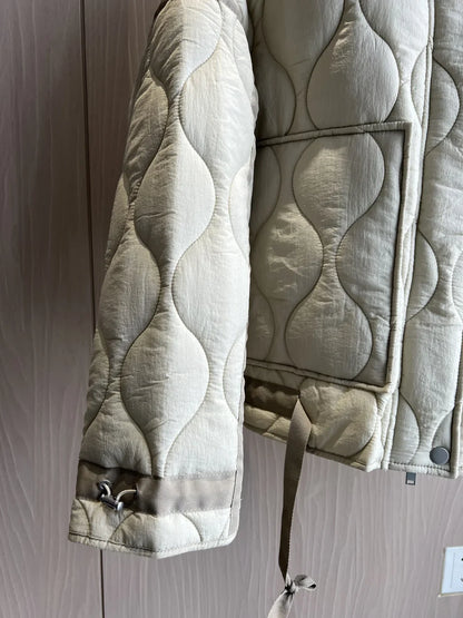 2024 ETJ Quilted Women's Coat – Beige Drawstring High Neck Jacket with Ties & Pockets