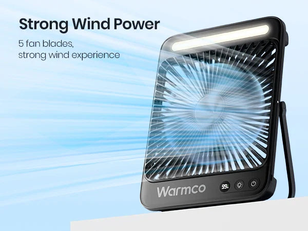 Warmco D4 Portable Desk Fan – 8" Rechargeable Camping Fan with 20000mAh Battery, Light, 48H Runtime, Silent Operation, Digital Display