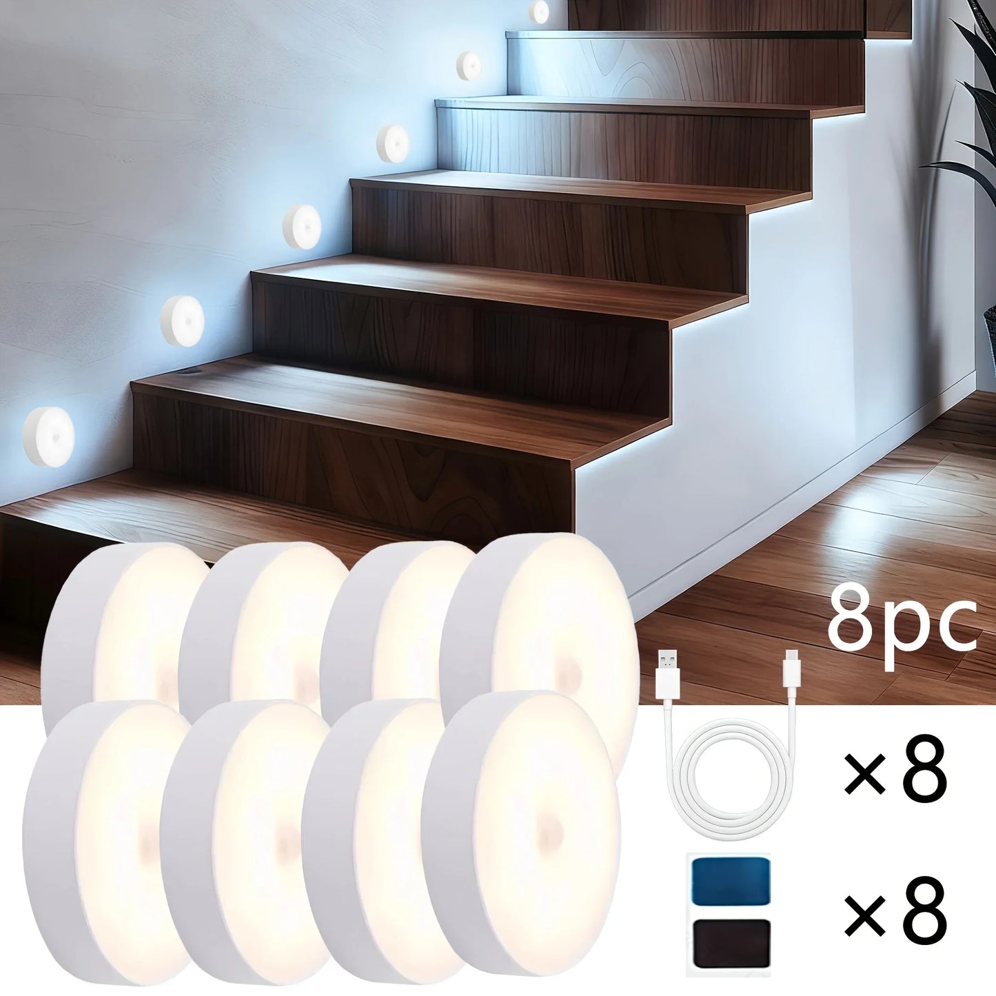 Motion Sensor LED Night Light USB Rechargeable – Wireless Cabinet, Wardrobe & Staircase Lamp (1–8PCS)