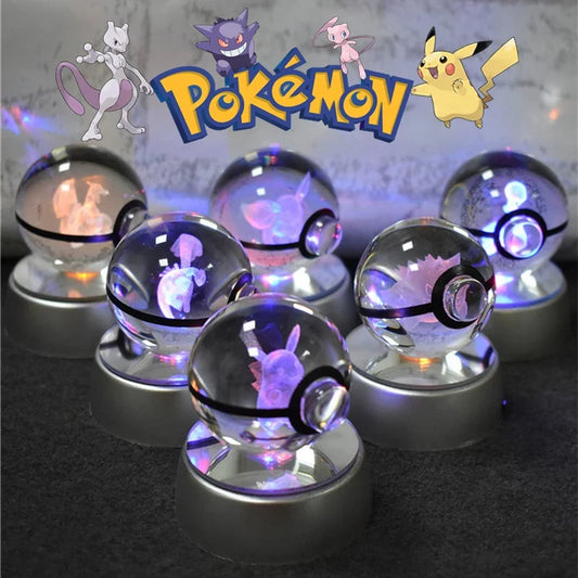 Pokémon Crystal Ball Night Light - 3D Pikachu Gengar Mewtwo Glass Lamp Statue Kids Birthday Gift