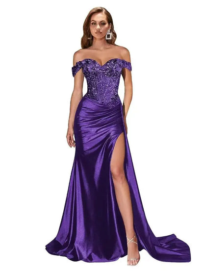Dark Navy Off-Shoulder Prom Dress – Sweetheart Beaded Lace Evening Gown with High Side Slit, 2025 Custom