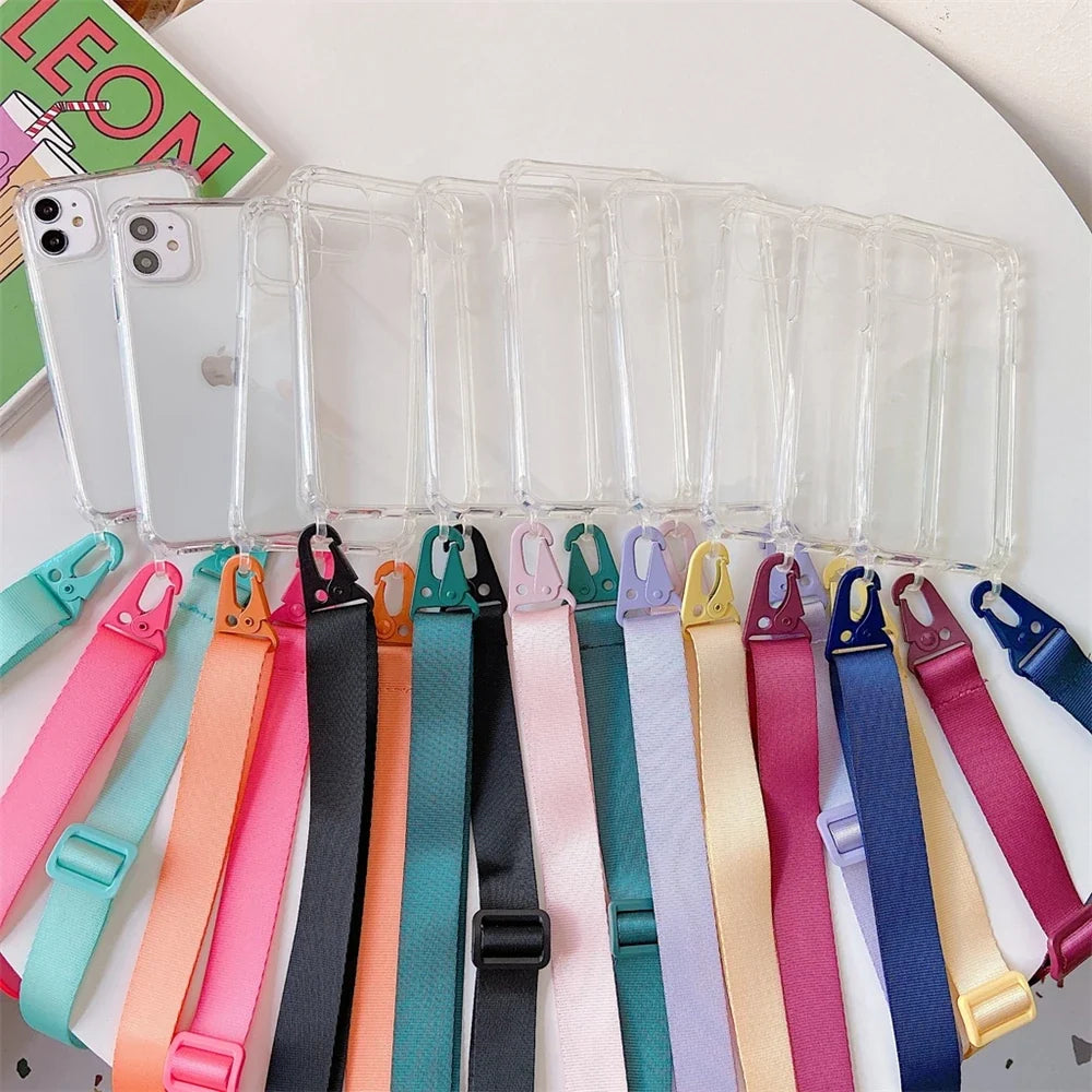 Crossbody Shoulder Strap Phone Case - Transparent Shockproof Cover for iPhone 17 Air, 16, 15, 14, 13 Pro Max & More