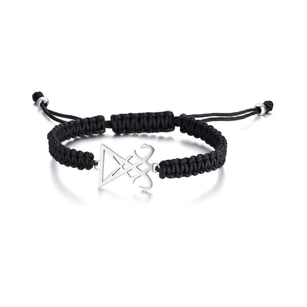 Leviathan Cross Woven Bracelet - Stainless Steel Satanic Style Totem Black Adjustable Knot Wrist Jewelry