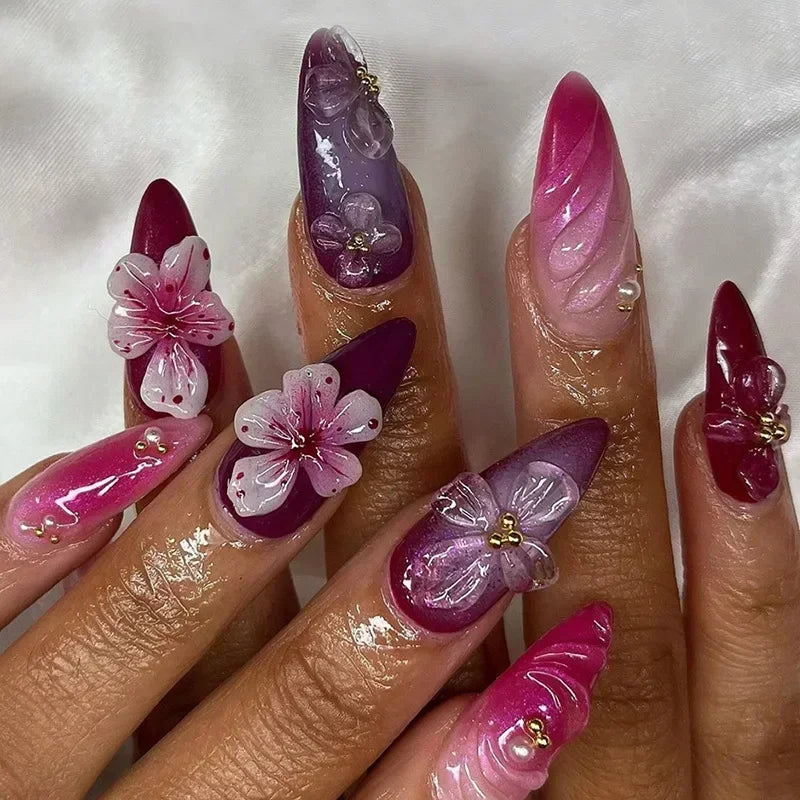 24PCS Pink Almond Press On Nails - Butterfly Ballet French Design Artificial Nail Tips for Stylish Nail Art