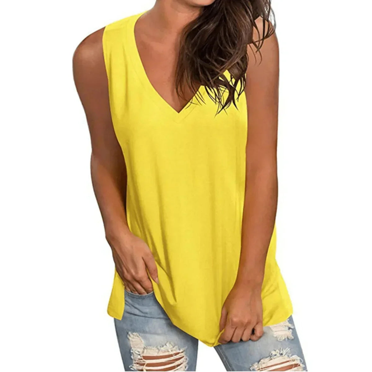 Plus Size Women's V-Neck Tank Top - Loose Sleeveless Solid Color Casual Tee