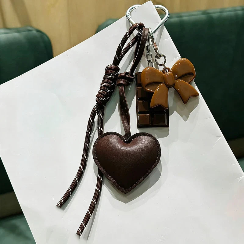 Kawaii Heart Leather Keychain - Trendy Chocolate Pendant Bag Charm Decorative Accessory
