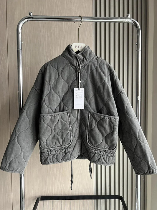 ZW Women’s Cotton Quilted Jacket – 2025 Vintage Lenzing Rayon High Collar Coat with Large Decorative Pockets