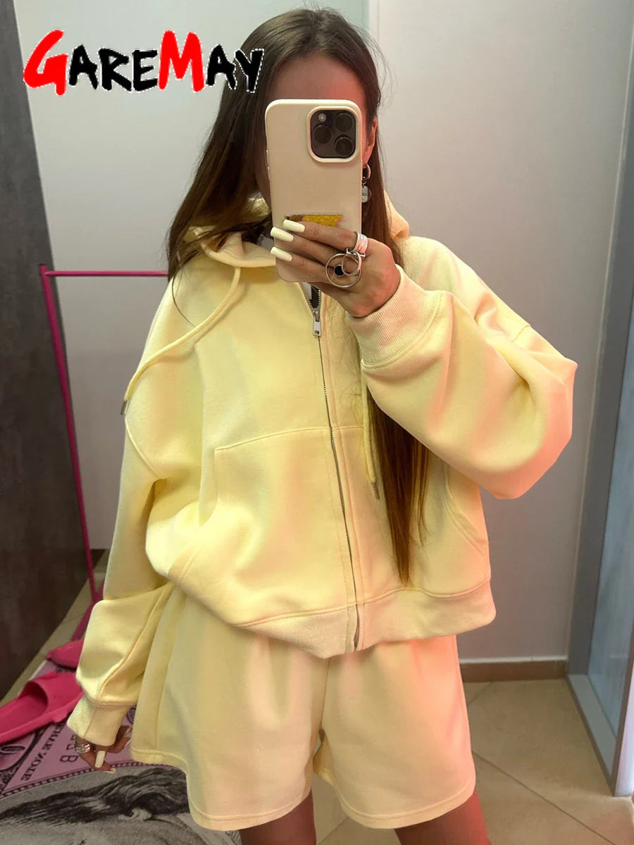 Women’s Summer Yellow Tracksuit – Cotton Zipper Top & Shorts Two-Piece Casual Sports Set