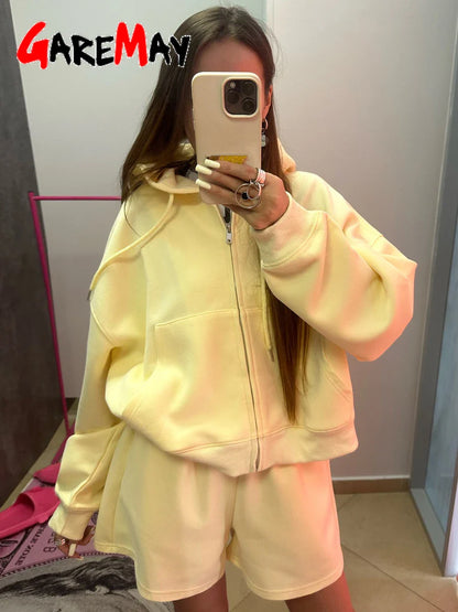 Women’s Summer Yellow Tracksuit – Cotton Zipper Top & Shorts Two-Piece Casual Sports Set