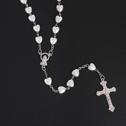 Pink & White Heart Rosary Necklace – Virgin Mary Cross Pendant Beaded Chain Religious Prayer Jewelry Gift for Men & Women